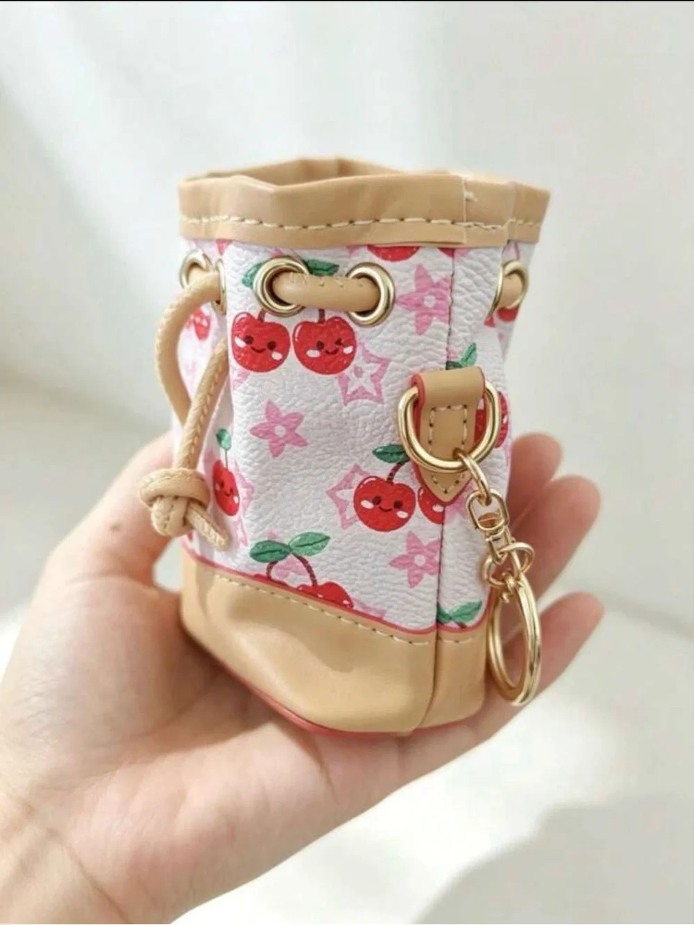 Keychain/Bag Charm Cherry Print Mini Drawstring Bucket Bag - Pink/Beige